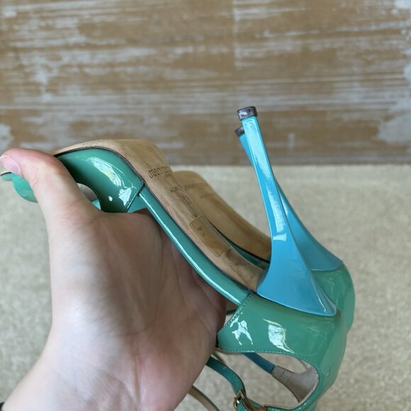 Jimmy Choo Lang Patent Leather Heeled Sandals Blue Preppy Classic - Picture 7 of 11